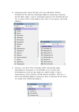 4
 InterBase Express (IBX) – 별도의 엔진 층을 거치지 않고 API를 통하여 인터베이스
데이터베이스에 직접 액세스하는 컴포넌트들을 포함합니다. InterBase Express 컴포넌트는
윈도우와 맥에서 사용할 수 있습니다. 컴포넌트들은 dbExpress의 여러 데이터베이스를 지원
하는 것 이외에 추가적인 기능을 제공합니다. IBX는 액세스 및 관리 컴포넌트 그룹 모두를
포함합니다.
 Data Access – 모든 데이터 액세스 메커니즘을 사용하는 RAD Studio안에 포함된
컴포넌트들입니다. TClientDataSet 는 서버 데이터뿐만 아니라 디스크상의 로컬
데이터파일(바이너리 포맷 또는 XML 포맷)을 모두 사용하여 작업할 수 있습니다.
TDataSetProvider는 데이터 셋으로부터 데이터를 제공하며 데이터베이스 서버에 또는 그
데이터 셋에 업데이트를 해결합니다. TDataSource는 데이터 셋 컴포넌트와 폼 위의 데이터
인식 컨트롤 사이의 인터페이스를 제공합니다.
 