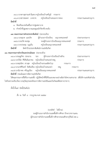 ๒๕
๓๖.๖ นางสาวสุลานนท์ มีแสวง ครูโรงเรียนบ้านศรีภูมิ กรรมการ
๓๖.๗ นางสาวชลลดา มาตราช ครูโรงเรียนบ้านหนองกวางทอง กรรมการและเลขานุการ
มีหน้าที่
๑. จัดเตรียมเวชภัณฑ์ในการปฐมพยาบาล
๒. ทาหน้าที่ปฐมพยาบาลและดูแลนักกีฬาที่บาดเจ็บ
๓๗. คณะกรรมการฝ่ายประชาสัมพันธ์ ประกอบด้วย
๓๗.๑ นายสุเวช เณรเกิด ผู้อานวยการโรงเรียน อนุบาลหนองหงส์ ประธานกรรมการ
๓๗.๒ นายธวัช ทองชุม รองผู้อานวยการโรงเรียนอนุบาลหนองหงส์ กรรมการ
๓๗.๓ นายประชุม บุญเย็น ครูโรงเรียนอนุบาลหนองหงส์ กรรมการและเลขานุการ
มีหน้าที่ จัดทาปูายประชาสัมพันธ์การแข่งขันกีฬา
๓๘. คณะกรรมการฝ่ายวัดและประเมินผล ประกอบด้วย
๓๘.๑ นายณฐภัทร ปองนาน รอง ผู้อานวยการโรงเรียนบ้านฝูาย ประธานกรรมการ
๓๘.๒ นายวินิต ศิริสันติเมธาคม ครูโรงเรียนบ้านหนองย่างหมู กรรมการ
๓๘.๓ นายศุภมิตร สาวสุด ครูโรงเรียนบ้านขามเสม็ดบารุง กรรมการ
๓๘.๔ นางเกศศิรินทร์ งัดสันเทียะ ครูโรงเรียนบ้านหนองย่า งหมู กรรมการ
๓๘.๕ นางนิภาพร ศรีบุญเรือง ครูโรงเรียนอนุบาลหนองหงส์ กรรมการและเลขานุการ
มีหน้าที่ ประเมินผลการจัดการแข่งขันกีฬา
ให้คณะกรรมการที่ได้รับการแต่งตั้ง ปฏิบัติหน้าที่ที่ได้รับมอบหมายอย่างเต็มกาลังความสามารถ เพื่อให้การแข่งขันดาเนิน
ไปด้วยความเรียบร้อย บรรลุวัตถุประสงค์ของการจัดการแข่งขันและบังเกิดผลดีต่อทางราชการ
ทั้งนี้ ตั้งแต่ บัดนี้เป็นต้นไป
สั่ง ณ วันที่ ๙ กรกฎาคม พ.ศ. ๒๕๕๗
(นายสิงห์ โพธิ์งาม)
รองผู้อานวยการสานักงานเขตพื้นที่การศึกษา รักษาราชการแทน
ผู้อานวยการสานักงานเขตพื้นที่การศึกษาประถมศึกษาบุรีรัมย์ เขต ๓
 