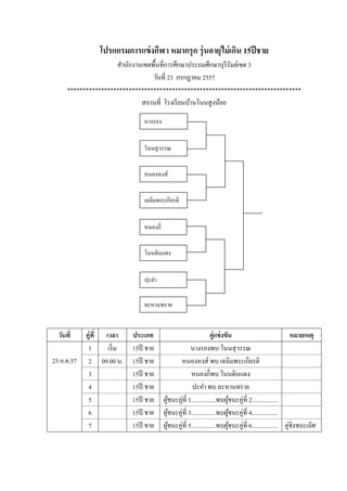 โปรแกรมการแข่งกีฬา หมากรุก รุ่นอายุไม่เกิน 15ปีชาย
สานักงานเขตพื้นที่การศึกษาประถมศึกษาบุรีรัมย์เขต 3
วันที่ 23 กรกฎาคม 2557
****************************************************************************
สถานที่ โรงเรียนบ้านโนนสูงน้อย
วันที่ คู่ที่ เวลา ประเภท คู่แข่งขัน หมายเหตุ
23 ก.ค.57
1 เริ่ม 15ปี ชาย นางรองพบ โนนสุวรรณ
2 09.00 น. 15ปี ชาย หนองหงส์ พบ เฉลิมพระเกียรติ
3 15ปี ชาย หนองกี่พบ โนนดินแดง
4 15ปี ชาย ปะคา พบ ละหานทราย
5 15ปี ชาย ผู้ชนะคู่ที่ 1................พบผู้ชนะคู่ที่ 2.................
6 15ปี ชาย ผู้ชนะคู่ที่ 3................พบผู้ชนะคู่ที่ 4.................
7 15ปี ชาย ผู้ชนะคู่ที่ 5................พบผู้ชนะคู่ที่ 6................. คู่ชิงชนะเลิศ
นางรอง
โนนสุวรรณ
หนองหงส์
เฉลิมพระเกียรติ
หนองกี่
โนนดินแดง
ละหานทราย
ปะคา
 