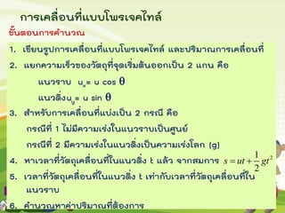 การเคลื่อนที่แบบโพรเจคไทล์
1. เขียนรูปการเคลื่อนที่แบบโพรเจคไทล์ และปริมาณการเคลื่อนที่
2. แยกความเร็วของวัตถุที่จุดเริ่มต้นออกเป็น 2 แกน คือ
แนวราบ ux= u cos 
แนวดิ่งuy= u sin 
3. สาหรับการเคลื่อนที่แบ่งเป็น 2 กรณี คือ
กรณีที่ 1 ไม่มีความเร่งในแนวราบเป็นศูนย์
กรณีที่ 2 มีความเร่งในแนวดิ่งเป็นความเร่งโลก (g)
4. หาเวลาที่วัตถุเคลื่อนที่ในแนวดิ่ง t แล้ว จากสมการ
5. เวลาที่วัตถุเคลื่อนที่ในแนวดิ่ง t เท่ากับเวลาที่วัตถุเคลื่อนที่ใน
แนวราบ
6. คานวณหาค่าปริมาณที่ต้องการ
21
2
s ut gt 
ขั้นตอนการคานวณ
 