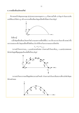 13
8. การเคลื่อนที่แบบโพรเจกไทล์
ถ้าเราลองขว้างวัตถุออกจากจุด (0,0) ของระบบแกนมุมฉาก x, y ด้วยความเร็วต้น u

ทํามุม  กับแนวระดับ
ภายใต้สนามโน้มถ่วง g

แล้ว แนวการเคลื่อนที่ของวัตถุจะเป็นเส้นโค้งพาราโบลา ดังรูป
u


xu
yu
สิ่งที่ควรรู้
1.เมื่อวัตถุเคลื่อนที่แบบโพรเจกไทล์ เราจะแยกการเคลื่อนที่เป็น 2 แนว คือ แนวราบ กับแนวดิ่ง จะพบว่าทั้ง
แนวราบและแนวดิ่ง วัตถุจะเคลื่อนที่ไปพร้อมๆ กัน ทําให้เวลาในแนวราบและแนวดิ่งเท่ากัน
t t tราบ ด่งิ โพรเจกไทล์ 
2.ความเร็วในแนวราบ x(u u cos )  จะคงตัวเสมอ ส่วนความเร็วในแนวดิ่ง y(u u sin )  จะลดลงและ
มีค่าเท่ากับศูนย์ที่จุดสูงสุดแล้วจะเพิ่มขึ้นเรื่อยๆ ดังรูป

xu
yu xu
xu
xu
xu
xu
xu
yu
yu
yu
yu
yu
3.ความเร่งในแนวราบจะเป็นศูนย์เพราะความเร็วคงตัว ส่วนความเร่งในแนวดิ่งและแรงที่กระทําต่อวัตถุจะ
มีค่าคงตัวเสมอ
mg
mg
mg
mg
mg
 