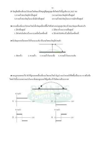 14
37 วัตถุที่เคลื่อนที่แบบโปรเจคไทล์ขณะที่วัตถุอยู่ที่จุดสูงสุด ข้อใดต่อไปนี้ถูกต้อง (O_NET 50)
1.ความเร็วของวัตถุมีค่าเป็นศูนย์ 2.ความเร่งของวัตถุมีค่าเป็นศูนย์
3.ความเร็วของวัตถุในแนวดิ่งมีค่าเป็นศูนย์ 4.ความเร็วของวัตถุในแนวราบมีค่าเป็นศูนย์
38 การเคลื่อนที่แบบโปรเจกไทล์เมื่อวัตถุเคลื่อนที่ขึ้นไปถึงตําแหน่งสูงสุด อัตราเร็วของวัตถุจะเป็นอย่างไร
1. มีค่าเป็นศูนย์ 2. มีอัตราเร็วแนวราบเป็นศูนย์
3. มีค่าเท่ากับอัตราเร็วแนวราบเมื่อเริ่มเคลื่อนที่ 4. มีค่าเท่ากับอัตราเร็วเมื่อเริ่มเคลื่อนที่
39 ยิงวัตถุจากหน้าผาออกไปในแนวระดับ ปริมาณใดของวัตถุมีค่าคงตัว
1. อัตราเร็ว 2. ความเร็ว 3. ความเร็วในแนวดิ่ง 4. ความเร็วในแนวระดับ
40 เตะลูกบอลออกไป ทําให้ลูกบอลเคลื่อนที่แบบโพรเจกไทล์ ดังรูป และกําหนดให้ทิศขึ้นเป็นบวก กราฟในข้อ
ใดต่อไปนี้บรรยายความเร่งในแนวดิ่งของลูกบอลได้ถูกต้อง ถ้าไม่คิดแรงต้านอากาศ
 