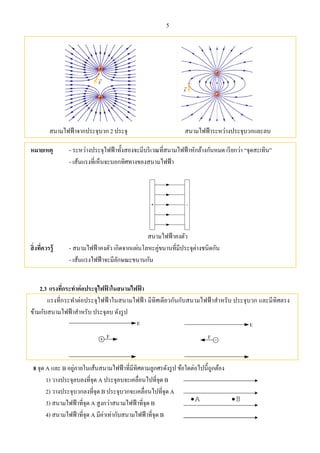 5
สนามไฟฟ้าจากประจุบวก 2 ประจุ สนามไฟฟ้าระหว่างประจุบวกและลบ
หมายเหตุ - ระหว่างประจุไฟฟ้าทั้งสองจะมีบริเวณที่สนามไฟฟ้าหักล้างกันหมด เรียกว่า “จุดสะเทิน”
- เส้นแรงที่เห็นจะบอกทิศทางของสนามไฟฟ้า
+ -
สนามไฟฟ้าคงตัว
สิ่งที่ควรรู้ - สนามไฟฟ้าคงตัว เกิดจากแผ่นโลหะคู่ขนานที่มีประจุต่างชนิดกัน
- เส้นแรงไฟฟ้าจะมีลักษณะขนานกัน
2.3 แรงที่กระทําต่อประจุไฟฟ้ าในสนามไฟฟ้ า
แรงที่กระทําต่อประจุไฟฟ้ าในสนามไฟฟ้ า มีทิศเดียวกันกับสนามไฟฟ้ าสําหรับ ประจุบวก และมีทิศตรง
ข้ามกับสนามไฟฟ้าสําหรับ ประจุลบ ดังรูป
E
F
E
F
8 จุด A และ B อยู่ภายในเส้นสนามไฟฟ้าที่มีทิศตามลูกศรดังรูป ข้อใดต่อไปนี้ถูกต้อง
1) วางประจุลบลงที่จุด A ประจุลบจะเคลื่อนไปที่จุด B
2) วางประจุบวกลงที่จุด B ประจุบวกจะเคลื่อนไปที่จุด A
3) สนามไฟฟ้าที่จุด A สูงกว่าสนามไฟฟ้าที่จุด B
4) สนามไฟฟ้าที่จุด A มีค่าเท่ากับสนามไฟฟ้าที่จุด B
 