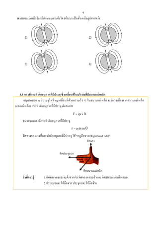 9
14 สนามแม่เหล็กโลกมีลักษณะตามข้อใด (ข้างบนเป็นขั้วเหนือภูมิศาสตร์)
3.3 แรงที่กระทําต่ออนุภาคที่มีประจุ ซึ่งเคลื่อนที่ในบริเวณที่มีสนามแม่เหล็ก
อนุภาคมวล m มีประจุไฟฟ้า q เคลื่อนที่ด้วยความเร็ว v

ในสนามแม่เหล็ก จะมีแรงเนื่องจากสนามแม่เหล็ก
(แรงแม่เหล็ก) กระทําต่ออนุภาคที่มีประจุ ดังสมการ
F qv B 
 
ขนาดของแรงที่กระทําต่ออนุภาคที่มีประจุ
F = qvB sin θ
ทิศทางของแรงที่กระทําต่ออนุภาคที่มีประจุ ใช้“กฎมือขวา (Right hand rule)”
สิ่งที่ควรรู้ 1.ทิศทางของแรงจะตั้งฉากกับ ทิศของความเร็วและทิศสนามแม่เหล็กเสมอ
2.ประจุบวกจะให้มือขวา ประจุลบจะใช้มือซ้าย
 