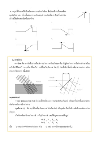 9 จากรูปที่กําหนดให้เป็นคลื่นตกกระทบในเส้นเชือก ซึ่งปลายข้างหนึ่งของเชือก
ผูกติดกับกําแพง เมื่อคลื่นตกกระทบกําแพงแล้วจะเกิดคลื่นสะท้อนขึ้น จากข้อ
ต่อไปนี้ข้อใดแสดงถึงคลื่นสะท้อน
1. 2.
3. 4.
3.2 การหักเห
การหักเห คือ การที่คลื่นนํ้าเคลื่อนที่จากตัวกลางหนึ่ง(บริเวณหนึ่ง) ไปสู่อีกตัวกลางหนึ่ง(อีกบริเวณหนึ่ง)
แล้วทําให้อัตราเร็วของคลื่นเปลี่ยนไป (เปลี่ยนไปด้วย แต่ f คงที่) โดยที่คลื่นที่เคลื่อนที่ผ่านรอยต่อระหว่าง
ตัวกลางไปเรียกว่า คลื่นหักเห
1
2
1
2

กฎของสเนลล์
จากรูป มุมตกกระทบ ( 1 ) คือ มุมที่ทิศคลื่นตกกระทบกระทํากับเส้นปกติ หรือมุมที่หน้าคลื่นตกกระทบ
ทํากับรอยต่อระหว่างตัวกลาง
มุมหักเห ( 2 ) คือ มุมที่ทิศคลื่นหักเหกระทํากับเส้นปกติ หรือมุมที่หน้าคลื่นหักเหทํากับรอยต่อระหว่าง
ตัวกลาง
ถ้าคลื่นเคลื่อนที่จากตัวกลางที่ 1 เข้าสู่ตัวกลางที่ 2 จะได้กฎของสเนลล์ในรูป
1 1 1 2
2 2 2 1
sin v n
sin v n
 
  
 
เมื่อ 1n แทน ดรรชนีหักเหของตัวกลางที่ 1 2n แทน ดรรชนีหักเหของตัวกลางที่ 2
 