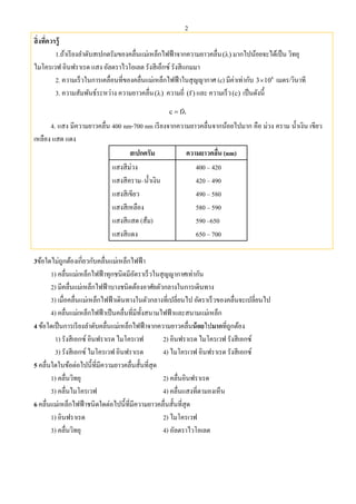 2
สิ่งที่ควรรู้
1.ถ้าเรียงลําดับสเปกตรัมของคลื่นแม่เหล็กไฟฟ้าจากความยาวคลื่น( ) มากไปน้อยจะได้เป็น วิทยุ
ไมโครเวฟ อินฟราเรด แสง อัลตราไวโอเลต รังสีเอ็กซ์ รังสีแกมมา
2. ความเร็วในการเคลื่อนที่ของคลื่นแม่เหล็กไฟฟ้าในสุญญากาศ (c) มีค่าเท่ากับ 8
3 10 เมตร/วินาที
3. ความสัมพันธ์ระหว่าง ความยาวคลื่น( ) ความถี่ (f ) และ ความเร็ว(c) เป็นดังนี้
c f 
4. แสง มีความยาวคลื่น 400 nm-700 nm เรียงจากความยาวคลื่นจากน้อยไปมาก คือ ม่วง คราม นํ้าเงิน เขียว
เหลือง แสด แดง
สเปกตรัม ความยาวคลื่น (nm)
แสงสีม่วง 400 – 420
แสงสีคราม–นํ้าเงิน 420 – 490
แสงสีเขียว 490 – 580
แสงสีเหลือง 580 – 590
แสงสีแสด (ส้ม) 590 –650
แสงสีแดง 650 – 700
3ข้อใดไม่ถูกต้องเกี่ยวกับคลื่นแม่เหล็กไฟฟ้า
1) คลื่นแม่เหล็กไฟฟ้าทุกชนิดมีอัตราเร็วในสุญญากาศเท่ากัน
2) มีคลื่นแม่เหล็กไฟฟ้าบางชนิดต้องอาศัยตัวกลางในการเดินทาง
3) เมื่อคลื่นแม่เหล็กไฟฟ้าเดินทางในตัวกลางที่เปลี่ยนไป อัตราเร็วของคลื่นจะเปลี่ยนไป
4) คลื่นแม่เหล็กไฟฟ้าเป็นคลื่นที่มีทั้งสนามไฟฟ้าและสนามแม่เหล็ก
4 ข้อใดเป็นการเรียงลําดับคลื่นแม่เหล็กไฟฟ้าจากความยาวคลื่นน้อยไปมากที่ถูกต้อง
1) รังสีเอกซ์ อินฟราเรด ไมโครเวฟ 2) อินฟราเรด ไมโครเวฟ รังสีเอกซ์
3) รังสีเอกซ์ ไมโครเวฟ อินฟราเรด 4) ไมโครเวฟ อินฟราเรด รังสีเอกซ์
5 คลื่นใดในข้อต่อไปนี้ที่มีความยาวคลื่นสั้นที่สุด
1) คลื่นวิทยุ 2) คลื่นอินฟราเรด
3) คลื่นไมโครเวฟ 4) คลื่นแสงที่ตามองเห็น
6 คลื่นแม่เหล็กไฟฟ้าชนิดใดต่อไปนี้ที่มีความยาวคลื่นสั้นที่สุด
1) อินฟราเรด 2) ไมโครเวฟ
3) คลื่นวิทยุ 4) อัลตราไวโอเลต
 