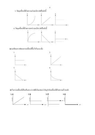 9
3. วัตถุเคลื่อนที่ด้วยความเร่งจะมีกราฟเป็นดังนี้
4. วัตถุเคลื่อนที่ด้วยความหน่วงจะมีกราฟเป็นดังนี้
s
t
v
t
a
t
24 จงเขียนกราฟของการเคลื่อนที่ขึ้นไปในแนวดิ่ง
1. 2.
v
t
v
t
3. 4.
v
t
v
t
25 ในการเคลื่อนที่เป็นเส้นตรง กราฟข้อใดแสดงว่าวัตถุกําลังเคลื่อนที่ด้วยความเร็วคงตัว
 