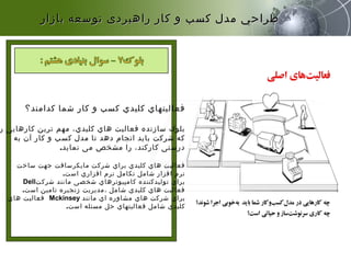 ‫کدامند؟‬ ‫شما‬ ‫کار‬ ‫و‬ ‫کسب‬ ‫کلیدي‬ ‫فعالیتهاي‬
‫ر‬ ‫کارهایی‬ ‫ترین‬ ‫مهم‬ ،‫کلیدي‬ ‫هاي‬ ‫فعالیت‬ ‫سازنده‬ ‫بلوك‬
‫به‬ ‫آن‬ ‫کار‬ ‫و‬ ‫کسب‬ ‫مدل‬ ‫تا‬ ‫دهد‬ ‫انجام‬ ‫باید‬ ‫شرکت‬ ‫که‬
‫نماید‬ ‫می‬ ‫مشخص‬ ‫را‬ ،‫کارکند‬ ‫درستی‬.
‫ساخت‬ ‫جهت‬ ‫مایکرسافت‬ ‫شرکت‬ ‫براي‬ ‫کلیدي‬ ‫هاي‬ ‫فعالیت‬
‫است‬ ‫افزاري‬ ‫نرم‬ ‫تکامل‬ ‫شامل‬ ‫افزار‬ ‫نرم‬.
‫شرکت‬ ‫مانند‬ ‫شخصی‬ ‫کامپیوترهاي‬ ‫تولیدکننده‬ ‫براي‬Dell
.‫است‬ ‫تامین‬ ‫زنجیره‬ ‫،مدیریت‬ ‫شامل‬ ‫کلیدي‬ ‫هاي‬ ‫فعالیت‬
‫مانند‬ ‫اي‬ ‫مشاوره‬ ‫هاي‬ ‫شرکت‬ ‫براي‬Mckinsey‫هاي‬ ‫فعالیت‬
‫است‬ ‫مسئله‬ ‫حل‬ ‫فعالیتهاي‬ ‫شامل‬ ‫کلیدي‬.
‫بازار‬ ‫توسعه‬ ‫راهبردی‬ ‫كار‬ ‫و‬ ‫كسب‬ ‫مدل‬ ‫طراحي‬‫بازار‬ ‫توسعه‬ ‫راهبردی‬ ‫كار‬ ‫و‬ ‫كسب‬ ‫مدل‬ ‫طراحي‬
 