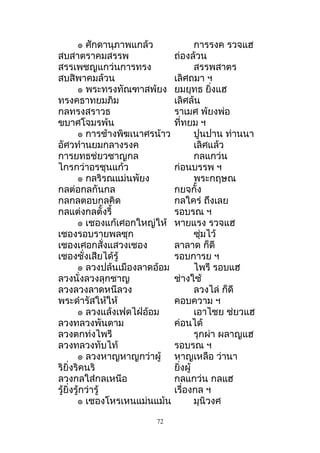 ๏ ศักดำนุภำพแกล้ว กำรรงค รวจแฮ
สบสำตรำคมสรรพ ถ่องล้วน
สรรเพชญแกว่นกำรทรง สรรพสำตร
สบสิพำคมล้วน เลิศถมำ ฯ
๏ พระทรงทัณฑำสพ้ยง ยมยุทธ ยิ่งแฮ
ทรงคธำทยมภิม เลิศล้น
กลทรงสรำวธ รำเมศ พ้ยงพ่อ
ขบำศโจมรพ้น ที่ทยม ฯ
๏ กำรช้ำงพิฆเนำศรน้ำว ปูนปำน ท่ำนนำ
อัศวทำำนยมกลำงรงค เลิศแล้ว
กำรยทธช่ยวชำญกล กลแกว่น
ไกรกว่ำอรชุนแก้ว ก่อนบรรพ ฯ
๏ กลริรณแม่นพัยง พระกฤษณ
กลต่อกลกันกล กยจกั้ง
กลกลตอบกลคิด กลใคร่ ถึงเลย
กลแต่งกลตั้งรี้ รอบรณ ฯ
๏ เชองแก้เศอกใหญ่ให้ หำยแรง รวจแฮ
เชองรอบรำยพลซุก ซุ่มไว้
เชองเศอกสั่งแสวงเชอง ลำลำด ก็ดี
เชองชั่งเสียได้รู้ รอบกำรย ฯ
๏ ลวงปล้นเมืองลำดอ้อม ไพรี รอบแฮ
ลวงนั่งลวงลุกชำญ ช่ำงใช้
ลวงลวงลำดหนีลวง ลวงไล่ ก็ดี
พระดำำรัสให้ให้ คอบควำม ฯ
๏ ลวงแล้งเฟดไฝ่อ้อม เอำไชย ช่ยวแฮ
ลวงทลวงพันตำม ค่อนได้
ลวงตกท่งไพรี รุกผ่ำ ผลำญแฮ
ลวงทลวงทับไท้ รอบรณ ฯ
๏ ลวงหำญหำญกว่ำผู้ หำญเหลือ ว่ำนำ
ริยิ่งริคนริ ยิ่งผู้
ลวงกลใส่กลเหนีอ กลแกว่น กลแฮ
รู้ยิ่งรู้กว่ำรู้ เรื่องกล ฯ
๏ เชองโหรเหนแม่นแม้น มุนิวงศ
72
 