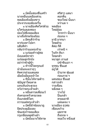 ๏ บัดนั้นชยงชื่นเศร้ำ ศรีสำว แลนำ
นำงหมื่นนลเมืองสวน ตอกดิ้น
พลเมีองทังเมืองชำว ชยงใหม่ นั้นนำ
ประจำกเจบพ้ยงหวิ้น หว่ำแด ฯ
๏ นำงเมึองคิดใคร่ด้วย พลเมือง
บใคร่แลเลงชยง ใหม่ม้อย
ปองไปพึ่งจอมเลือง ไกรกว่ำ นั้นนำ
นำงจึ่งจักพร้องถ้อย ถ่องจง ฯ
๏ มีคนดีว่ำร้ำย มำมี มำกนำ
หำก่ยงหำไปหำ โทษล้ำย
บดีบ่ดีทำำ ดีต่อ ก็ดี
กลับว่ำร้ำยแหน่งร้ำย เร่ำหนี ฯ
๏ บเร่อมท้ำวผู้พ่อ ใจภัก ดีนำ
ยังบยดบีทำทำำ โทษกล้ำ
บเร่อมลูกร้กยัง หยวลูก เรำแฮ
อย่ำว่ำข้ำผู้ข้ำ บ่ข้ำขืนเอำ ฯ
๏ ท้ำวนี้ใจทรูกแท้ ทูรชน ชื่นแฮ
น้ำนั่นทงงเรำฤๅ อยู่ได้
คิดควรอ่วยแดนดล บัวบำท พู้นแฮ
เมือยั่งเมืองเหง้ำไท ก่อนกำล ฯ
๏ ทีนั้นไท้ทำษด้ำว แดนชยง ชื่นแฮ
ชำบัญชำโดยดำล กล่ำวกล้ำ
แหนหับประตูวยง วำงเขื่อน
หวังว่ำพระเจ้ำหล้ำ หลั่งพล ฯ
๏ หมื่นลำวลเพื่อนเว้ วำงไป
ทังครอกครัวครยวดล ปิ่นเกล้ำ
ถึงแกล่คดีไตร ตรยมอำทิ
ถวำยแต่พระเจ้ำเจ้ำ แผ่นผจง ฯ
๏ บัดนี้ข้ำข้อยนำฎ นำงเมือง ฤๅพ่อ
ปิดประตูเมืองลง เขื่อนขว้ำง
ข้นแข่งว่ำจอมเลือง เลอรำช
กรูเกลื่อนพลช้ำงม้ำ ถึ่งถกล ฯ
๏ บัดนั้นนำงใข้ทำษ ทยมใจ หนึ่งแฮ
83
 