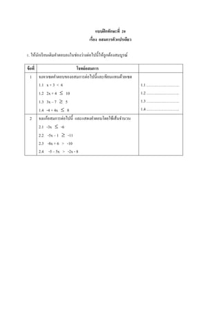 แบบฝึกทักษะที่ 20
เรื่อง อสมการตัวแปรเดียว
1. ให้นักเรียนเติมคาตอบลงในช่องว่างต่อไปนี้ให้ถูกต้องสมบูรณ์
ข้อที่ โจทย์อสมการ
1 จงหาเซตคาตอบของอสมการต่อไปนี้และเขียนแทนด้วยเซต
1.1 x + 3 < 6
1.2 2x + 4  10
1.3 3x – 7  5
1.4 -4 + 4x  8
1.1 …………………….
1.2 …………………….
1.3 …………………….
1.4 …………………….
2 จงแก้อสมการต่อไปนี้ และแสดงคาตอบโดยใช้เส้นจานวน
2.1 -3x  -6
2.2 -5x – 1  -11
2.3 -8x + 6 > -10
2.4 -5 – 5x > -2x - 8
 