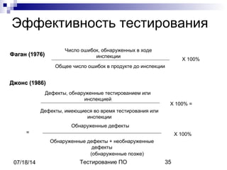 Тестирование ПО 3507/18/14
Эффективность тестирования
Число ошибок, обнаруженных в ходе
инспекции
Общее число ошибок в продукте до инспекции
Х 100%
Дефекты, обнаруженные тестированием или
инспекцией
Дефекты, имеющиеся во время тестирования или
инспекции
Х 100% =
Обнаруженные дефекты
Обнаруженные дефекты + необнаруженные
дефекты
Х 100%=
(обнаруженные позже)
Джонс (1986)Джонс (1986)
Фаган (1976)Фаган (1976)
 