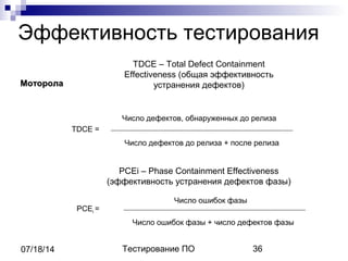 Тестирование ПО 3607/18/14
Эффективность тестирования
Число дефектов, обнаруженных до релиза
Число дефектов до релиза + после релиза
Число ошибок фазы
Число ошибок фазы + число дефектов фазы
TDCE =
PCEi =
TDCE – Total Defect Containment
Effectiveness (общая эффективность
устранения дефектов)
PCEi – Phase Containment Effectiveness
(эффективность устранения дефектов фазы)
МоторолаМоторола
 