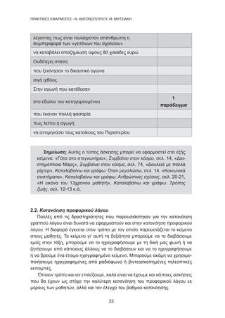 33
ΠΡΑΚΤΙΚΕΣ ΕΦΑΡΜΟΓΕΣ - Ν. ΑΝΤΩΝΟΠΟΥΛΟΥ, Μ. ΜΗΤΣΙΑΚΗ
λέγοντας πως είναι τουλάχιστον απάνθρωπη η
συμπεριφορά των «γειτόνων του σχολείου»
να καταβάλει αποζημίωση ύψους 80 χιλιάδες ευρώ
Ουδέτερη στάση
που ξεκίνησαν το δικαστικό αγώνα
σιγή ιχθύος
Στην αγωγή που κατέθεσαν
στο εδώλιο του κατηγορουμένου
1
παράδειγμα
που έκαναν πολλή φασαρία
πως λείπει η αγωγή
να αντιμηνύσει τους κατοίκους του Περιστερίου
Σημείωση: Αυτός ο τύπος άσκησης μπορεί να εφαρμοστεί στα εξής
κείμενα: «Γάτα στο στεγνωτήριο», Συμβαίνει στον κόσμο, σελ. 14, «Δια-
στημόπλοιο Μαρς», Συμβαίνει στον κόσμο, σελ. 74, «Δουλειά με πολλά
ρίχτερ», Καταλαβαίνω και γράφω: Όταν μεγαλώσω, σελ. 14, «Κοινωνικά
συστήματα», Καταλαβαίνω και γράφω: Ανθρώπινες σχέσεις, σελ. 20-21,
«Η εικόνα του 13χρονου μαθητή», Καταλαβαίνω και γράφω: Τρόπος
ζωής, σελ. 12-13 κ.ά.
2.2. Κατανόηση προφορικού λόγου
Πολλές από τις δραστηριότητες που παρουσιάστηκαν για την κατανόηση
γραπτού λόγου είναι δυνατό να εφαρμοστούν και στην κατανόηση προφορικού
λόγου. Η διαφορά έγκειται στον τρόπο με τον οποίο παρουσιάζεται το κείμενο
στους μαθητές. Το κείμενο γι’ αυτή τη δεξιότητα μπορούμε να το διαβάσουμε
εμείς στην τάξη, μπορούμε να το ηχογραφήσουμε με τη δική μας φωνή ή να
ζητήσουμε από κάποιους άλλους να το διαβάσουν και να το ηχογραφήσουμε
ή να βρούμε ένα έτοιμο ηχογραφημένο κείμενο. Μπορούμε ακόμη να χρησιμο-
ποιήσουμε ηχογραφημένες από ραδιόφωνο ή βιντεοσκοπημένες τηλεοπτικές
εκπομπές.
Όποιον τρόπο και αν επιλέξουμε, καλό είναι να έχουμε και κάποιες ασκήσεις
που θα έχουν ως στόχο την καλύτερη κατανόηση του προφορικού λόγου εκ
μέρους των μαθητών, αλλά και τον έλεγχο του βαθμού κατανόησης.
 