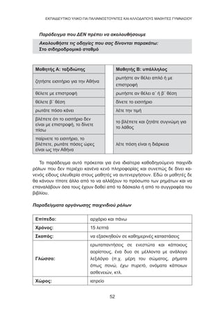 52
EKΠΑΙΔΕΥΤΙΚΟ ΥΛΙΚΟ ΓΙΑ ΠΑΛΙΝΝΟΣΤΟΥΝΤΕΣ ΚΑΙ ΑΛΛΟΔΑΠΟΥΣ ΜΑΘΗΤΕΣ ΓΥΜΝΑΣΙΟΥ
Παράδειγμα που ΔΕΝ πρέπει να ακολουθήσουμε
Ακολουθήστε τις οδηγίες που σας δίνονται παρακάτω:
Στο σιδηροδρομικό σταθμό
Μαθητής Α: ταξιδιώτης Μαθητής Β: υπάλληλος
ζητήστε εισιτήριο για την Αθήνα
ρωτήστε αν θέλει απλό ή με
επιστροφή
θέλετε με επιστροφή ρωτήστε αν θέλει α΄ ή β΄ θέση
θέλετε β΄ θέση δίνετε το εισιτήριο
ρωτάτε πόσο κάνει λέτε την τιμή
βλέπετε ότι το εισιτήριο δεν
είναι με επιστροφή, το δίνετε
πίσω
το βλέπετε και ζητάτε συγνώμη για
το λάθος
παίρνετε το εισιτήριο, το
βλέπετε, ρωτάτε πόσες ώρες
είναι ως την Αθήνα
λέτε πόση είναι η διάρκεια
Το παράδειγμα αυτό πρόκειται για ένα ιδιαίτερα καθοδηγούμενο παιχνίδι
ρόλων που δεν περιέχει κανένα κενό πληροφορίας και συνεπώς δε δίνει κα-
νενός είδους ελευθερία στους μαθητές να αυτενεργήσουν. Εδώ οι μαθητές δε
θα κάνουν τίποτε άλλο από το να αλλάξουν το πρόσωπο των ρημάτων και να
επαναλάβουν όσα τους έχουν δοθεί από το δάσκαλο ή από το συγγραφέα του
βιβλίου.
Παραδείγματα οργάνωσης παιχνιδιού ρόλων
Επίπεδο: αρχάριο και πάνω
Χρόνος: 15 λεπτά
Σκοπός: να εξασκηθούν σε καθημερινές καταστάσεις
Γλώσσα:
ερωταπαντήσεις σε ενεστώτα και κάποιους
αορίστους, ένα δυο σε μέλλοντα με ανάλογο
λεξιλόγιο (π.χ. μέρη του σώματος, ρήματα
όπως πονώ, έχω πυρετό, ονόματα κάποιων
ασθενειών, κτλ.
Χώρος: ιατρείο
 