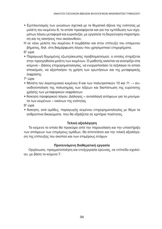 94
ANΑΛΥΣΗ ΣΧΟΛΙΚΩΝ ΒΙΒΛΙΩΝ ΦΙΛΟΛΟΓΙΚΩΝ ΜΑΘΗΜΑΤΩΝ ΓΥΜΝΑΣΙΟΥ
 Εμπλουτισμός των γνώσεων σχετικά με το θεματικό άξονα της ενότητας με
μελέτη του κειμένου 8, το οποίο προσφέρεται και για την εμπέδωση των σχη-
μάτων λόγου μεταφορά και κυριολεξία, με εργαλεία τη διερεύνηση-παρατήρη-
ση και τις ασκήσεις που ακολουθούν.
Η εκ νέου μελέτη του κειμένου 4 συμβάλλει και στην επίτευξη του επόμενου
βήματος, δηλ. στη διαμόρφωση λόγου που χρησιμοποιεί επιχειρήματα.
6η
ώρα
 Παραγωγή δομημένης εξωτερίκευσης προβληματισμού, ο οποίος στηρίζεται
στην προηγηθείσα μελέτη των κειμένων. Ο μαθητής καλείται να ανατρέξει στα
κείμενα – βάσεις επιχειρηματολογίας, να ενεργοποιήσει το λεξιλόγιο το οποίο
αποκόμισε, να αξιοποιήσει τη χρήση των ερωτήσεων και της μεταφορικής
έκφρασης
7η
ώρα
 Μελέτη του λογοτεχνικού κειμένου 9 και των πολυτροπικών 10 και 11 → συ-
νειδητοποίηση της πολυσημίας των λέξεων και διαπίστωση της ευρύτατης
χρήσης των μεταφορικών εκφράσεων
 Άσκηση προφορικού λόγου: Διάλογος – ανταλλαγή απόψεων για τα μηνύμα-
τα των κειμένων – εικόνων της ενότητας
8η
ώρα
 Άσκηση, ανά ομάδες, παραγωγής κειμένου επιχειρηματολογίας με θέμα τα
ανθρώπινα δικαιώματα, που θα εδράζεται σε κριτήρια ποιότητας.
Τελική αξιολόγηση
Το κείμενο το οποίο θα προκύψει από την παρουσίαση και την υποστήριξη
των απόψεων των επιμέρους ομάδων, θα αποτελέσει και την τελική αξιολόγη-
ση της επίτευξης του σκοπού και των επιμέρους στόχων
Προτεινόμενη διαθεματική εργασία
Οργάνωση, πραγματοποίηση και επεξεργασία έρευνας, σε επίπεδο σχολεί-
ου, με βάση το κείμενο 7.
 