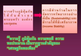การสร้างภูมิคุ้มกัน
ใ ห้ กั บ ตั ว เ อ ง
ครอบครัว องค์กร
และชุมชน
การมี ส่ วนร่วมในการ
จัดการทรัพยากรอย่าง
ยั่งยืน (Sustainability) และ
มีรายได้ที่มีเสถียรภาพ
(income Stablity)
 