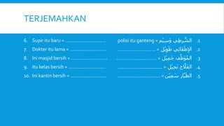TERJEMAHKAN
6. Supir itu baru = ..............................
7. Dokter itu lama = ...........................
8. Ini masjid bersih = ...........................
9. Itu kelas bersih = ...........................
10. Ini kantin bersih = ...........................
.1‫م‬ْ‫ي‬ِّ‫س‬َ‫و‬ّ‫ي‬ِّ‫ط‬‫ر‬ ُّ‫الش‬polisi itu ganteng =
.2ّ‫ل‬ْ‫ي‬ِّ‫و‬َ‫يّط‬ِّ‫ئ‬‫ا‬َ‫ف‬ْ‫ط‬ِّ‫إل‬‫ا‬............................ =
.3ّ‫ل‬ْ‫ي‬ِّ‫م‬َ‫ج‬ّ‫ف‬‫ا‬‫َظ‬‫و‬ُ‫م‬‫ال‬.............................. =
.4ّ‫ل‬ْ‫ي‬ِّ‫ح‬َ‫ن‬ّ‫ح‬ ‫ا‬‫ال‬َ‫ف‬‫ال‬................................. =
.5‫ن‬ْ‫ي‬ِّ‫م‬ َ‫ارّس‬‫ا‬‫ي‬َ‫الط‬................................ =
 