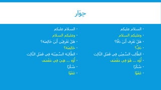 ‫َار‬‫و‬ِّ‫ح‬
‫السالمّعليكم‬
‫وعليكمّالسالم‬
ّْ‫ل‬َ‫ه‬ّ‫ن‬ْ‫ي‬ِّ‫ف‬ِّ‫ر‬ْ‫ع‬َ‫ت‬َّ‫ن‬ْ‫ي‬َ‫أ‬َّ‫ص‬ِّ‫ل‬‫ا‬َ‫خ‬‫ة؟‬
‫َة؟‬‫ص‬ِّ‫ل‬‫ا‬َ‫خ‬
ّ‫َة‬‫ن‬ْ‫ي‬ِّ‫م‬ ‫ا‬‫ةّالس‬َ‫ب‬ِّ‫ل‬‫ا‬‫ا‬‫الط‬َّ‫يّف‬ِّ‫ف‬ِّ‫ل‬‫ا‬‫ا‬َّ‫ّال‬ِّ‫ل‬ْ‫ص‬
ّ‫ه‬ْ‫و‬
ُ
‫أ‬...َّ‫ي‬ِّ‫ه‬‫َف‬‫ص‬ْ‫َق‬‫م‬ّ‫ي‬ِّ‫ف‬
‫ًا‬‫ر‬ْ‫ك‬ ُ‫ش‬
‫ا‬ً‫و‬ْ‫ف‬َ‫ع‬
‫السالمّعليكم‬
‫وعليكمّالسالم‬
‫ا؟‬‫ا‬‫َف‬‫د‬َّ‫ن‬ْ‫ي‬َ‫فّأ‬ِّ‫ر‬ْ‫ع‬َ‫ت‬ّْ‫ل‬َ‫ه‬
‫؟‬‫ا‬‫َف‬‫د‬
ّْ‫ص‬َ‫يّف‬ِّ‫ف‬ّ‫ن‬ْ‫ي‬ِّ‫م‬ ‫ا‬‫بّالس‬ِّ‫ل‬‫ا‬‫ا‬‫الط‬ِّ‫ل‬‫ا‬‫ا‬َّ‫ّال‬ِّ‫ل‬
ّ‫ه‬ْ‫و‬
ُ
‫أ‬...‫َف‬‫ص‬ْ‫َق‬‫م‬ّ‫ي‬ِّ‫ف‬َّ‫و‬ُ‫ه‬
‫ًا‬‫ر‬ْ‫ك‬ ُ‫ش‬
‫ا‬ً‫و‬ْ‫ف‬َ‫ع‬
 