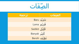 ‫ات‬َ‫ف‬ِّ‫الص‬
‫ة‬َ‫م‬َ‫ج‬ْ‫ر‬َ‫ت‬ ‫ات‬َ‫ف‬ِّ‫الص‬
Baru ‫د‬ْ‫ي‬ِّ‫د‬َ‫ج‬
Lama ‫م‬ْ‫ي‬ِّ‫د‬َ‫ق‬
Sedikit ‫ل‬ْ‫ي‬ِّ‫ل‬َ‫ق‬
Banyak ‫ر‬ْ‫ي‬ََِّّ‫ك‬
Bersih ‫ف‬ْ‫ي‬ِّ‫ظ‬َ‫ن‬
 