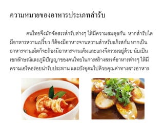 ความหมายของอาหารประเภทสารับ
คนไทยจึงมักจัดสรรสารับต่างๆ ให้มีความสมดุลกัน หากสารับใด
มีอาหารหวานเปรี้ยว ก็ต้องมีอาหารจานหวานสาหรับแก้รสกัน หากเป็น
อาหารจานเผ็ดก็จะต้องมีอาหารจานเค็มและแกงจืดรวมอยู่ด้วยนับเป็น
เอกลักษณ์และภูมิปัญญาของคนไทยในการสร้างสรรค์อาหารต่างๆ ให้มี
ความเอร็ดอร่อยน่ารับประทาน และยังอุดมไปด้วยคุณค่าทางสารอาหาร
 