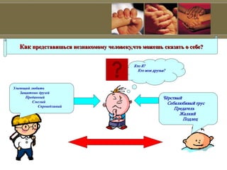 Умеющий любить
Защитник друзей
Преданный
Смелый
Спроведливый
Чёрствый
Себялюбивый трус
Предатель
Жалкий
Подлец
Кто Я?
Кто мои друзья?
Как представишься незнакомому человеку,что можешь сказать о себе?
 