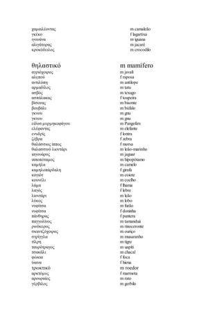 χαμαιλέοντας m camaleão
γκέκο f lagartixa
ιγουάνα m iguana
αλιγάτορας m jacaré
κροκόδειλος m crocodilo
θηλαστικό m mamífero
αγριόχοιρος m javalí
αλεπού f raposa
αντιλόπη m antílope
αρμαδίλος m tatu
ασβός m texugo
ασπάλακας f toupeira
βίσονας m bisonte
βουβάλι m búfalo
γκνου m gnu
γκνου m gnu
είδοσ μυρμηκοφάγου m Pangolim
ελέφαντας m elefante
ενυδρίς f lontra
ζέβρα f zebra
θαλάσσιος ίππος f morsa
θαλασσινό λιοντάρι m leão-marinho
ιαγουάρος m jaguar
ιπποπόταμος m hipopótamo
καμήλα m camelo
καμηλοπάρδαλη f girafa
κογιότ m coiote
κουνέλι m coelho
λάμα f lhama
λαγός f lebre
λιοντάρι m leão
λύκος m lobo
νυφίτσα m furão
νυφίτσα f doninha
πάνθηρας f pantera
παγγολίνος m tamanduá
ρινόκερος m rinoceronte
σκαντζόχοιρος m ouriço
στρίγγλα m musaranho
τίλρη m tigre
ταυρότραγος m uapiti
τσακάλι m chacal
φώκια f foca
ύαινα f hiena
τρωκτικό m roedor
αρκτόμυς f marmota
αρουραίος m rato
γέρβιλος m gerbilo
 