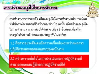 การทางานหากขาดพลัง หรือแรงจูงใจในการทางานแล้ว อาจมีผล
ทาให้การทางานขาดชีวิตชีวาและน่าเบื่อ ดังนั้น เพื่อสร้างแรงจูงใจ
ในการทางานสามารถสรุปได้ง่าย ๆ เพียง 6 ขั้นตอนเพื่อสร้าง
แรงจูงใจในการทางานและความผูกพันในองค์กร
1.) สื่อสารอย่างชัดเจนถึงความเชื่อมโยงระหว่างผลการ
ปฏิบัติงานและผลตอบแทนของพนักงาน
2.) สร้างความมั่นใจในการประเมินผลการปฏิบัติงานที่
สามารถแยกแยะผู้มีผลการปฏิบัติงานดีได้
 