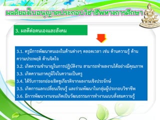 3. ผลดีต่อตนเองและสังคม
3.1. ครูมีการพัฒนาตนเองในด้านต่างๆ ตลอดเวลา เช่น ด้านความรู้ ด้าน
ความประพฤติ ด้านจิตใจ
3.2. เกิดความชานาญในการปฏิบัติงาน สามารถทาผลงานได้อย่างมีคุณภาพ
3.3. เกิดความภาคภูมิใจในความเป็นครู
3.4. ได้รับการยกย่องเชิดชูเกียรติจากผลงานเชิงประจักษ์
3.5. เกิดการแลกเปลี่ยนเรียนรู้ และร่วมพัฒนาในกลุ่มผู้ประกอบวิชาชีพ
3.6. มีการพัฒนางานจนเกิดเป็นวัฒนธรรมการทางานแบบสั่งสมความรู้
 