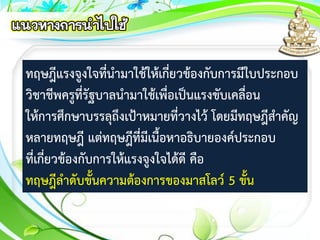 ทฤษฎีแรงจูงใจที่นามาใช้ให้เกี่ยวข้องกับการมีใบประกอบ
วิชาชีพครูที่รัฐบาลนามาใช้เพื่อเป็นแรงขับเคลื่อน
ให้การศึกษาบรรลุถึงเป้าหมายที่วางไว้ โดยมีทฤษฎีสาคัญ
หลายทฤษฎี แต่ทฤษฎีที่มีเนื้อหาอธิบายองค์ประกอบ
ที่เกี่ยวข้องกับการให้แรงจูงใจได้ดี คือ
ทฤษฎีลาดับขั้นความต้องการของมาสโลว์ 5 ขั้น
 