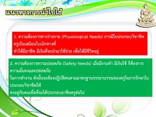 1. ความต้องการทางร่างกาย (Physiological Needs) การมีใบประกอบวิชาชีพ
ครูเป็นเสมือนใบเบิกทางที่
ทาให้มีอาชีพ มีเงินที่จะนามาใช้จ่าย เพื่อให้มีชีวิตอยู่
2. ความต้องการความปลอดภัย (Safety Needs) เมื่อมีงานทา มีเงินใช้ ก็ต้องการ
ความมั่นคงและปลอดภัย
ในการทางาน ดังนั้นจะต้องปฏิบัติตนตามมาตรฐานจรรยาบรรณของครูในการรักษาใบ
ประกอบวิชาชีพให้
คงอยู่กับตนเพื่อที่จะได้ประกอบอาชีพครูต่อไป
 