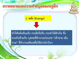 1. พลัง (Energy)
ทาให้ขยันขันแข็ง กระตือรือร้น กระทาให้สาเร็จ ซึ่ง
ตรงกันข้ามกับ บุคคลที่ทางานประเภท "เช้าชาม เย็น
ชาม" ที่ทางานเพียงเพื่อให้ผ่านไปวันๆ
 