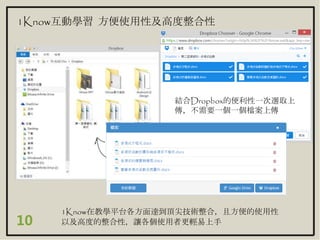 10
1Know互動學習 方便使用性及高度整合性
先在本機上進行編排資源
結合Dropbox的便利性一次選取上
傳，不需要一個一個檔案上傳
1Know在教學平台各方面達到頂尖技術整合，且方便的使用性
以及高度的整合性，讓各個使用者更輕易上手
 