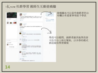 1Know 社群學習 親師生互動塗鴉牆
14
學員可以提問，創群者跟其他學員皆
可在平台上相互幫助，以共學的模式
創造最佳學習環境
塗鴉牆也可以當作創群者的公
布欄公布重要事項給予學員
 