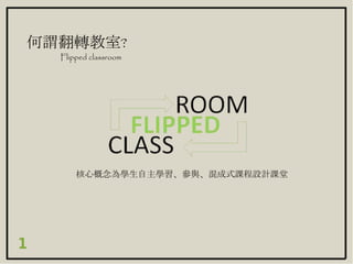 何謂翻轉教室?
Flipped classroom
核心概念為學生自主學習、參與、混成式課程設計課堂
1
 