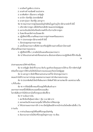 1. นายอินทร์ มูลพิมาย ประธาน
2. นายดารงค์ ทองฉิมพลี รองประธาน
3. นางพิมพ์ผกา เฉื่อยกลาง เหรัญญิก
4. นางวิภา จันทร์คุ้ม ประชาสัมพันธ์
5. นางสาวรุ่งนภา จันทร์คุ้ม เลขานุการ
ข้อ 10 คณะกรรมการกลุ่มโฮมสเตย์อนุรักษ์ต้นน้ามูลบ้านบุไทร มีอานาจหน้าที่ ดังนี้
1. บริหารจัดการกลุ่มฯ เพื่อให้เกิดประสิทธิภาพและประโยชน์สูงสุด
2. ออกระเบียบข้อบังคับหรือหลักเกณฑ์เกี่ยวกับการบริหารกลุ่มฯ
3. รับสมาชิกและจัดทาทะเบียนสมาชิก
4. ปฏิบัติหน้าที่อื่น ตามที่คณะกรรมการกลุ่มกาหนดหรือมอบหมาย
ข้อ 11 ประธานกลุ่มฯ มีอานาจหน้าที่ ดังนี้
1. เรียกประชุมคณะกรรมการกลุ่ม
2. แต่งตั้งคณะกรรมการเพื่อพิจารณาหรือปฏิบัติงานอย่างหนึ่งอย่างใดตามมติ
หรือตามที่คณะกรรมการมอบหมาย
3. ปฏิบัติหน้าที่อื่น ๆ ตามข้อบังคับและมติของคณะกรรมการ
ข้อ 12 ให้รองประธานทาหน้าที่แทนประธาน เมื่อประธานไม่สามารถปฏิบัติหน้าที่ได้ หรือเมื่อ
14
ประธานมอบหมายให้ทาหน้าที่แทน
ข้อ 13 เหรัญญิก มีหน้าที่รวบรวม จัดเก็บ ดูแลรักษาเงินทุนและรายได้รวม ทั้งการจัดทาบัญชี
พร้อมทั้งควบคุมการใช้จ่ายเงินให้เป็นไปอย่างรอบคอบและเกิดประโยชน์สูงสุด
ข้อ 14 เลขานุการ มีหน้าที่ติดตามประสานงานทั่วไป นักประชุมกรรมการ
จดและทาบันทึกรายงานการประชุม ตลอดจนรายงานผลการดาเนินงานของกองทุน
ข้อ 15 ประชาสัมพันธ์ มีหน้าที่ผลิตเอกสาร สิ่งพิมพ์ ให้ข่าวสารแก่สมาชิก และหน่วยงานอื่น
ๆ ที่เกี่ยวข้อง
ข้อ 16 การวินิจฉัยชี้ขาดของที่ประชุมให้ถือเสียงข้างมาก
และกรรมการคนหนึ่งให้มีเสียงคะแนนหนึ่งคะแนนเสียง
ในกรณีเสียงเท่ากันให้ประธานในที่ประชุมออกเสียงชี้ขาด
ข้อ 17 ระเบียบการเงิน
1. สมาชิกต้องถือหุ้นอย่างน้อย 1 หุ้น ๆ ละ 500 บาท
2. ดอกผลเงินบริจาคและกองทุนอื่น ให้ถือเป็นรายได้ของกลุ่ม
3. ให้ประธานและกรรมการอีก 2 คน เปิดบัญชีและมีอานาจเบิกจ่ายเงินโดยมีลายมือชื่อ 2 ใน
3 ร่วมกัน
4. การจ่ายเงินของกลุ่มให้ถือมติที่ประชุมเป็นสาคัญ
5. ต้องรายงานการเงินให้แก่ที่ประชุมใหญ่ทราบทุก 12 เดือน
 