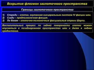 Вскрытие флегмон заглоточного пространстваВскрытие флегмон заглоточного пространства
Границы заглоточного пространства
1) Спереди – глотка, окутанная висцеральным листком IV фасции шеи.
2) Сзади – предпозвоночная фасция.
3) По бокам – глоточно-позвоночные фасциальные отроги Шарпи.
Воспалительный процесс по задней поверхности глотки может
опускаться в позадиорганное пространство шеи и далее в заднее
средостение.
 