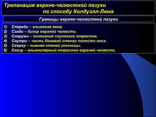 Трепанация верхне-челюстной пазухиТрепанация верхне-челюстной пазухи
по способу Колдуэлл-Люкапо способу Колдуэлл-Люка
Границы верхне-челюстной пазухи
1) Спереди – клыковая ямка.
2) Сзади – бугор верхней челюсти.
3) Снаружи – основание скулового отростка.
4) Снутри – часть боковой стенки полости носа.
5) Сверху – нижняя стенка глазницы.
6) Снизу – альвеолярный отросток верхней челюсти.
 