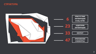 СТРУКТУРА 
ПРИСУТСТВИЕ 
АВТОБРЕНДОВ 
В СОЦ. СЕТЯХ 
АУДИТОРИЯ 
АВТОБРЕНДОВ 
КОНТЕНТ 
ПРИЛОЖЕНИЯ 
И КОНКУРСЫ 
6 
23 
33 
47 ...