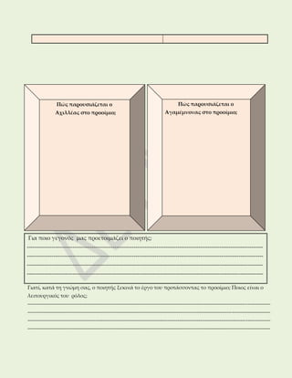 Για ποιο γεγονός μας προετοιμάζει ο ποιητής; 
---------------------------------------------------------------------------------------------------------------------------- 
---------------------------------------------------------------------------------------------------------------------------- 
---------------------------------------------------------------------------------------------------------------------------- 
---------------------------------------------------------------------------------------------------------------------------- 
۩ Γιατί, κατά τη γνώμη σας, ο ποιητής ξεκινά το έργο του προτάσσοντας το προοίμιο; Ποιος είναι ο 
λειτουργικός του ρόλος; 
------------------------------------------------------------------------------------------------------------------------------------------- 
------------------------------------------------------------------------------------------------------------------------------------------- 
------------------------------------------------------------------------------------------------------------------------------------------- 
------------------------------------------------------------------------------------------------------------------------------------------- 
------------------------------------------------------------------------------------------------------------------------------------------- 
------------------------------------------------------------------------------------------------------------------------------------------- 
2 
Πώς παρουσιάζεται ο 
Αχιλλέας στο προοίμιο; 
Πώς παρουσιάζεται ο 
Αγαμέμνονας στο προοίμιο; 
 