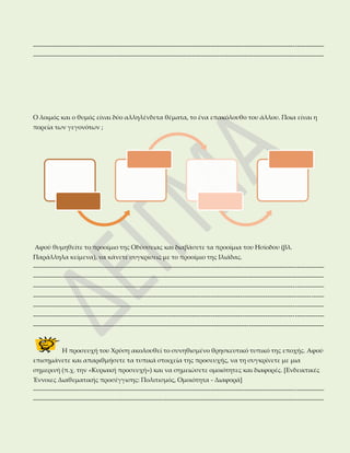 ۩ Ο λοιμός και ο θυμός είναι δύο αλληλένδετα θέματα, το ένα επακόλουθο του άλλου. Ποια είναι η 
πορεία των γεγονότων ; 
۩ Αφού θυμηθείτε το προοίμιο της Οδύσσειας και διαβάσετε τα προοίμια του Ησίοδου (βλ. 
Παράλληλα κείμενα), να κάνετε συγκρίσεις με το προοίμιο της Ιλιάδας. 
------------------------------------------------------------------------------------------------------------------------------------------- 
------------------------------------------------------------------------------------------------------------------------------------------- 
------------------------------------------------------------------------------------------------------------------------------------------- 
------------------------------------------------------------------------------------------------------------------------------------------- 
------------------------------------------------------------------------------------------------------------------------------------------- 
------------------------------------------------------------------------------------------------------------------------------------------- 
------------------------------------------------------------------------------------------------------------------------------------------- 
۩ Δώστε τους αντίστοιχους στίχους της προσευχής του Χρύση σύμφωνα με το τυπικό: 
3 
α. επίκληση: 
β. προσφώνηση 
γ. υπενθύμιση προσφορών: 
δ. παρουσίαση αιτήματος: 
ε. διατύπωση αιτήματος: 
۩ Η προσευχή του Χρύση ακολουθεί το συνηθισμένο θρησκευτικό τυπικό της εποχής. Αφού 
επισημάνετε και απαριθμήσετε τα τυπικά στοιχεία της προσευχής, να τη συγκρίνετε με μια 
σημερινή (π.χ. την «Κυριακή προσευχή») και να σημειώσετε ομοιότητες και διαφορές. 
------------------------------------------------------------------------------------------------------------------------------------------- 
------------------------------------------------------------------------------------------------------------------------------------------- 
------------------------------------------------------------------------------------------------------------------------------------------- 
------------------------------------------------------------------------------------------------------------------------------------------- 
 