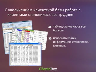 С увеличением клиентской базы работа с
клиентами становилась все труднее
таблиц становилось все
больше
извлекать из них
информацию становилось
сложнее.
 