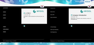 韓國創業
Korea Startups
IDEAS Show
2014 IDEAS Show 2014 IDEAS Show22 23
公司 團隊名稱 Company Name
服務名稱
Mydol
Service Name
Mydol
產業領...