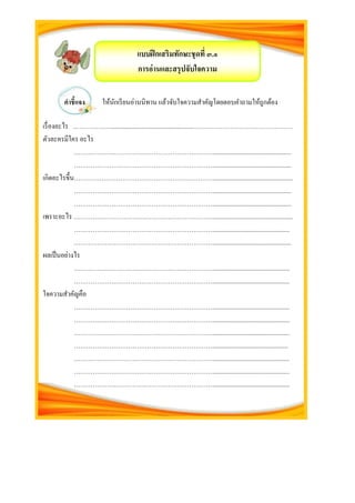 คำชี้แจง ให้นักเรียนอ่านȨทาน แล้วจับใจความสาคัญโดยตอบคาถามให้ถูกต้อง
เรื่องอะไร ………………....................................................…………………………………………
ตัวละครมีใคร อะไร
…………………………………………………………..................................................
…………………………………………………………..................................................
เกิดอะไรขึ้น…………………………………………………………...................................................
…………………………………………………………..................................................
…………………………………………………………..................................................
เพราะอะไร …………………………………………………………...................................................
………………………………………………………….................................................
…………………………………………………………..................................................
ผลเป็นอย่างไร
………………………………………………………….................................................
………………………………………………………….................................................
ใจความสาคัญคือ
………………………………………………………….................................................
………………………………………………………….................................................
………………………………………………………….................................................
…………………………………………………………................................................
………………………………………………………….................................................
………………………………………………………….................................................
………………………………………………………….................................................
แบบฝึกเสริมทักษะชุดที่ ๓.๑
กำรอ่ำนและสรุปจับใจควำม
 