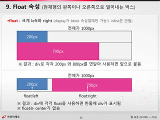 ㈜유미테크10㈜유미테크 웹 표준 (XHTML + CSS)
전체가 1000px
200px 700px
※ 결과 : div에 각각 float을 사용하면 한줄에 div가 표시됨
※ float는 center가 없슴
9. Float 속성 (현재행의 왼쪽이나 오른쪽으로 밀어내는 박스)
float : 크게 left와 right (display가 block 속성일때만 가능!!, inline은 안됨)
전체가 1000px
200px
700px
float:left
※ 결과 : div로 각각 200px 와 800px를 연달아 사용하면 밑으로 붙음
float:right
 