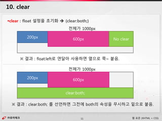 ㈜유미테크11㈜유미테크 웹 표준 (XHTML + CSS)
10. clear
clear : float 설정을 초기화  {clear:both;}
전체가 1000px
200px 600px
※ 결과 : float:left로 연달아 사용하면 옆으로 쭉~ 붙음.
No clear
전체가 1000px
200px 600px
clear:both;
※ 결과 : clear:both; 를 선언하면 그전에 both의 속성을 무시하고 밑으로 붙음.
 