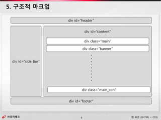 ㈜유미테크6㈜유미테크 웹 표준 (XHTML + CSS)
5. 구조적 마크업
div id=“header”
div id=“side bar”
div id=“content”
div id=“footer”
div class=“main”
div class=“banner”
div class=“main_con”
.
.
.
.
.
.
.
.
.
 