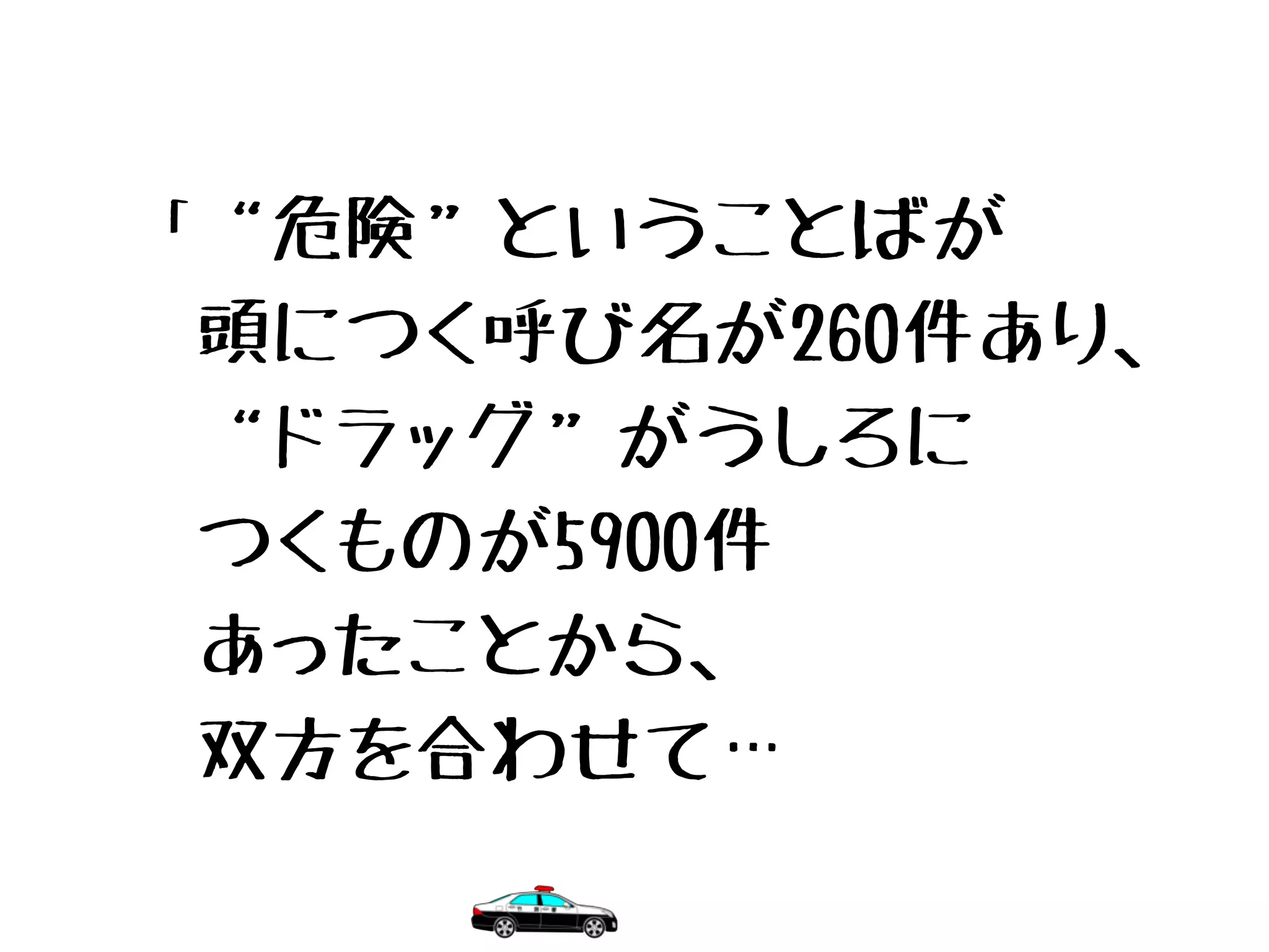 「“危険”ということばが
　頭につく呼び名が260件あり、
　“ドラッグ”がうしろに
　つくものが5900件
　あったことから、
　双方を合わせて…
 