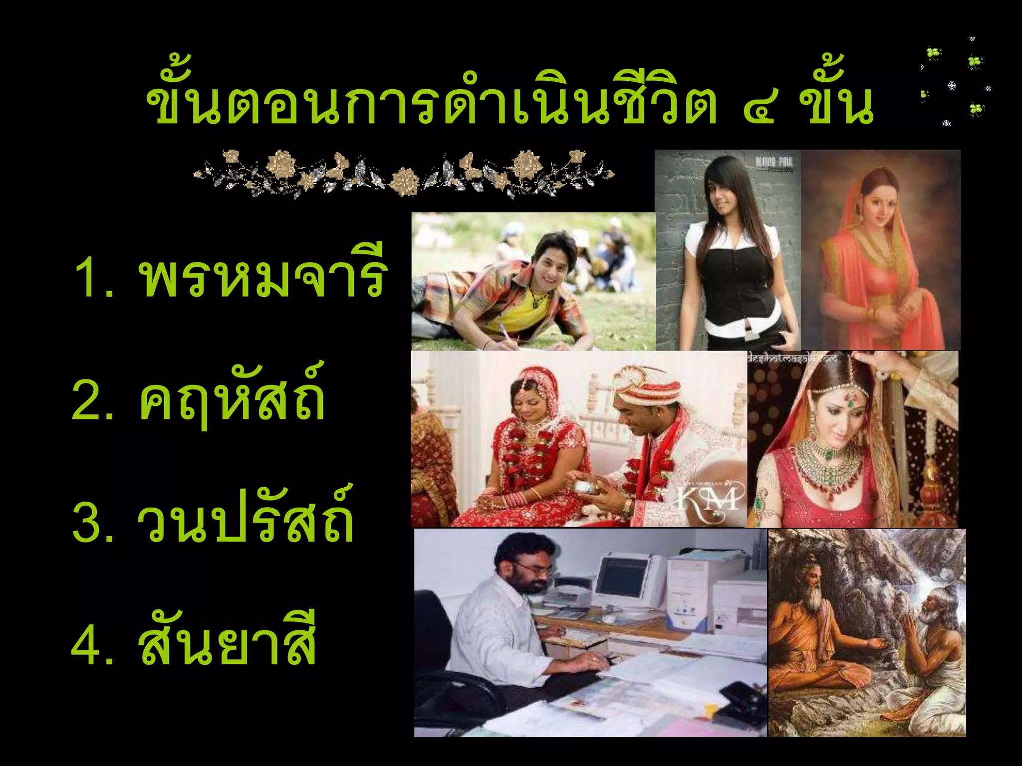 ขั้นตอนการดาเนินชีวิต ๔ ขั้น
1. พรหมจารี
2. คฤหัสถ์
3. วนปรัสถ์
4. สันยาสี
 