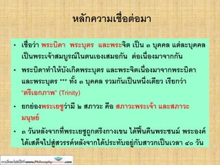 หลักความเชื่อต่อมา
• เชื่อว่า พระบิดา พระบุตร และพระจิต เป็น ๓ บุคคล แต่ละบุคคล
เป็นพระเจ้าสมบูรณ์ในตนเองเสมอกัน ต่อเนื่องมาจากกัน
• พระบิดาทาให้บังเกิดพระบุตร และพระจิตเนื่องมาจากพระบิดา
และพระบุตร *** ทั้ง ๓ บุคคล รวมกันเป็นหนึ่งเดียว เรียกว่า
“ตรีเอกภาพ” (Trinity)
• ยกย่องพระเยซูว่ามี ๒ สภาวะ คือ สภาวะพระเจ้า และสภาวะ
มนุษย์
• ๓ วันหลังจากที่พระเยซูถูกตรึงกางเขน ได้ฟื้นคืนพระชนม์ พระองค์
ได้เสด็จไปสู่สวรรค์หลังจากได้ประทับอยู่กับสาวกเป็นเวลา ๔๐ วัน
 
